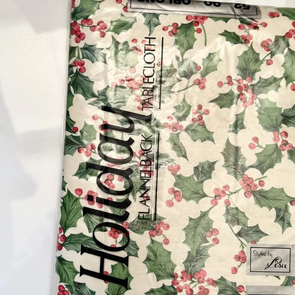 VTG Christmas Holly Flannelback Tablecloth Holiday Oblong 52